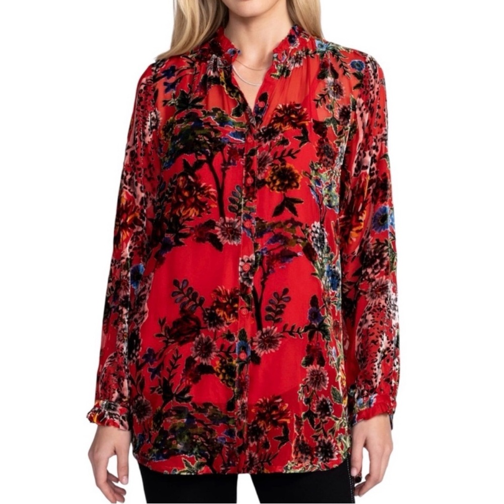 Johnny Was Blouse Red Velvet Floral and Animal Print NWT Retail $328